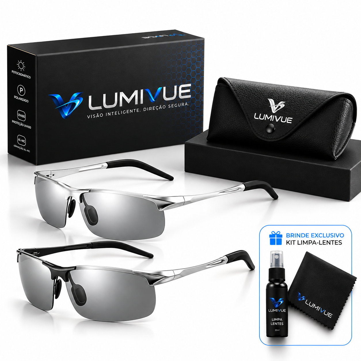 Kit LumiVue com estojo, caixa premium e brinde limpa-lentes