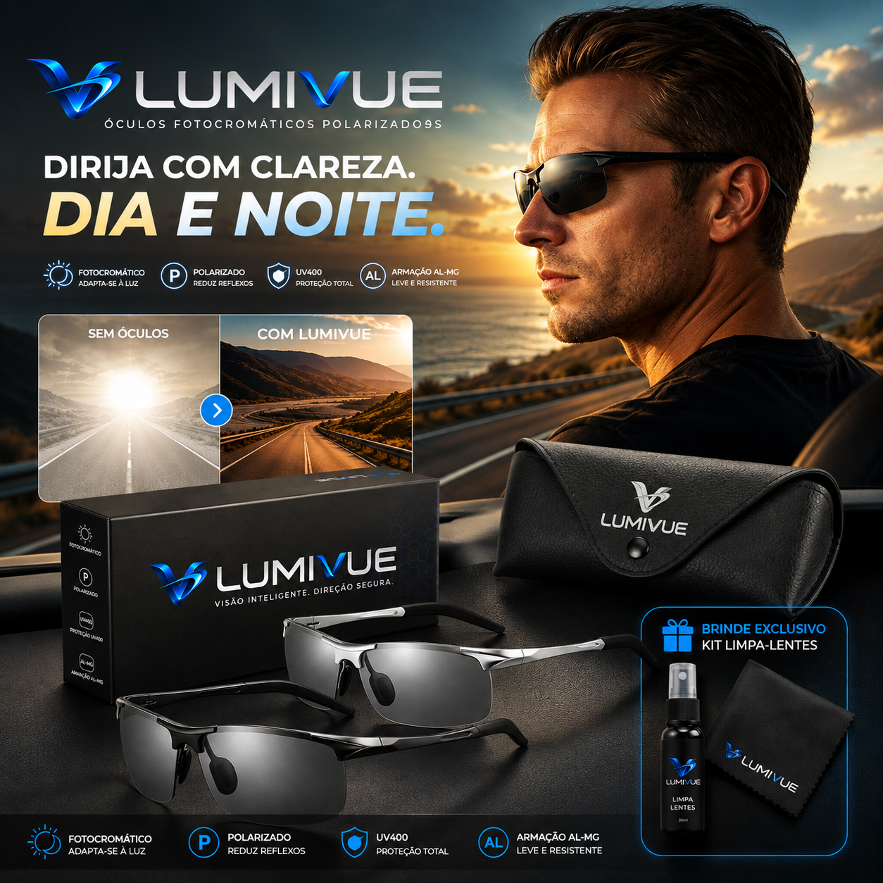 Óculos LumiVue fotocromático polarizado — dirija com clareza dia e noite
